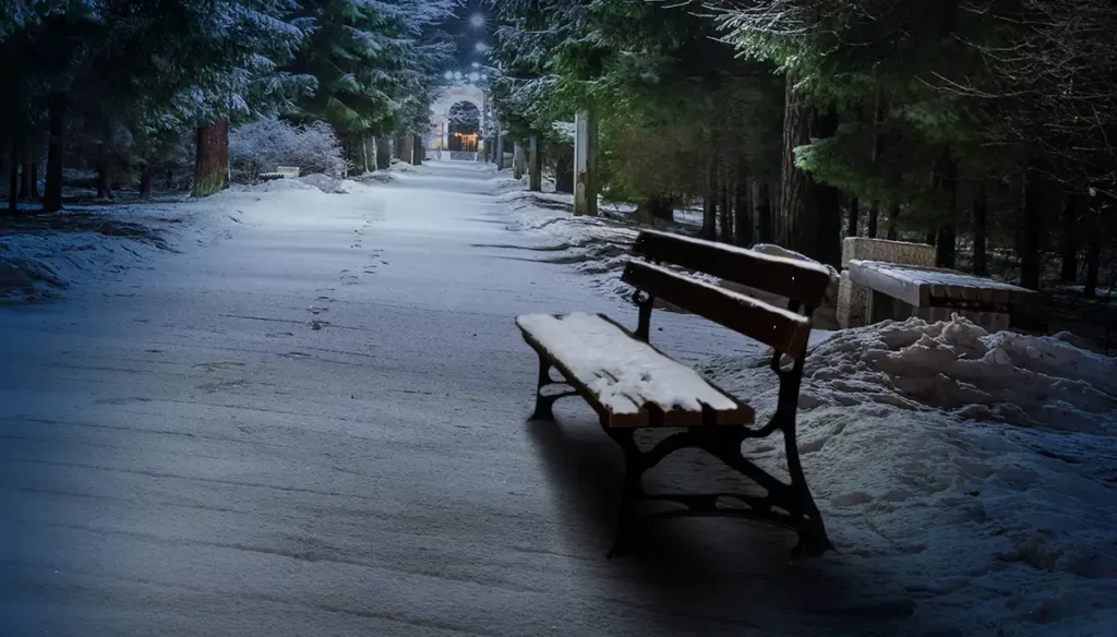 Ławka ogrodowa przysypana śniegiem